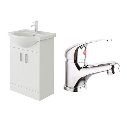 Image of VeeBath Linx 550 Vanity Unit with Ceramic Wash Basin Sink and Mono Mixer Tap, Floor Standing, Soft Close Doors Bathroom Storage Cabinet- White (Flat Pack)
