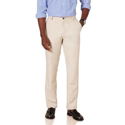 Image of Amazon Essentials Men's Slim Fit Flat-Front Dress Suit Trousers, Stone, 36W / 34L