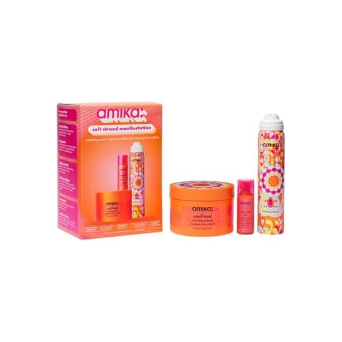 Image of amika soft strand manifestation nourishing treat + style set - sample normcore shampoo + conditioner, mini superfruit star hair oil + perk up dry shampoo + full size soulfood hair mask (5 pieces)