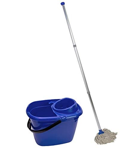 Image of Abbey Professional Mop and Bucket Set Heavy Duty with Wringer and Two Traditional Cotton Mop Heads for Cleaning Floors – Strong Aluminum Mop Handles – Mop Bucket Capacity 12L with Pouring Lip (Blue)