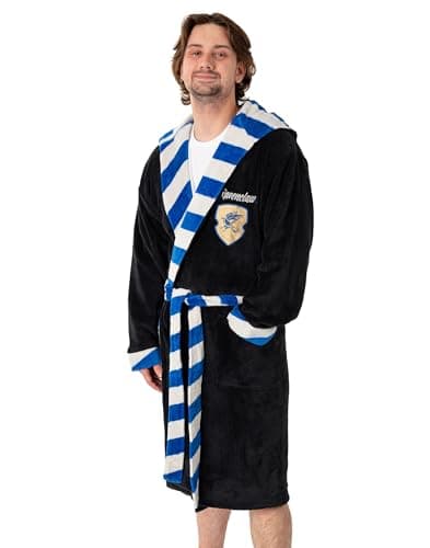 Image of Harry Potter Ravenclaw Unisex Black & Blue Hooded Bathrobe | Cosy Fleece Material for Lounging & Bathing | Long Sleeve Retro Striped Design Merch - X-Large