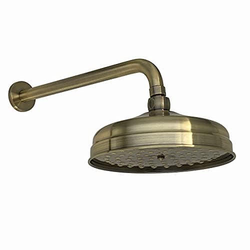 Image of ENKI, RA042, 200mm Traditional Wall Mounted Fixed Large Shower Head Antique Brass, Solid Brass, 320mm Shower Arm, Round Rose, Mixer Rainfall Shower, Modern Design, Easy Clean & Easy to Install