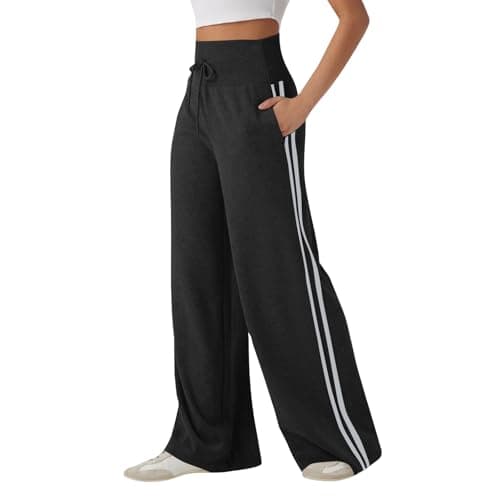 Image of Women's High Waisted Wide Leg Trousers with Side Stripes, Drawstring Casual Lounge Pants with Pockets, Wide Leg Joggers for Women UK, Ladies Palazzo Pants Baggy Sweatpants Black