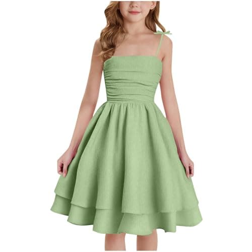 Image of duxyoz Spring Summer Dresses for Girls UK Square Neck Off Shoulder Sundress Kids Smocked Tiered Layered Princess Party Dress Casual A-Line Cami Dresses Flower Girl Mini Dress 11-12 Years Green