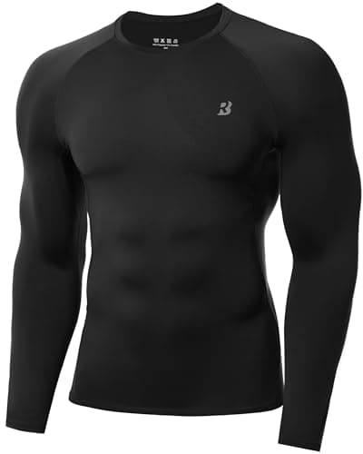 Image of Roadbox Men's Compression Base Layer Shirt Long Sleeve, Quick Dry Performance Compression Top for Running Gym Workout Black