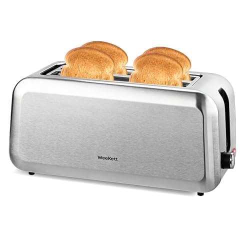 Image of WeeKett Long Slot 4 Slice Toaster, 1250-1450 Watt – Silver Stainless Steel Bread Toaster with Extra Wide Slots for Artisan Bread, Crumpets & Bagels – Adjustable Browning, Defrost & Reheat Functions