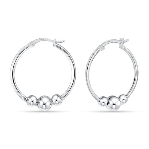 Image of LeCalla 925 Sterling Silver Bead Ball Hoop Earrings | Lightweight Beaded Hoop Earrings for Women | Sleeper Ball Bead Accent Click-Top Hoops Earring 25MM