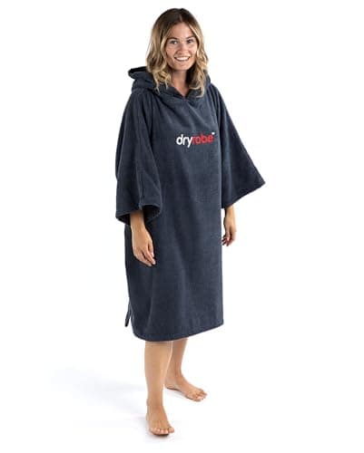 Image of Dryrobe Towelling Robe - Hooded Poncho Towel Changing Robe - Organic Cotton (400 gsm) Short Sleeve (Medium - Navy)