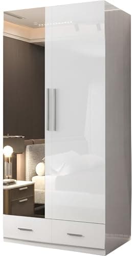 Image of SLIDING WARDROBE 4U High Gloss 2 Door Hinged Wardrobe with Mirror, Drawers, Shelves & Hanging Rail – Freestanding Bedroom Storage – 80cm / 90cm – White, Black or Grey (White, 90cm)