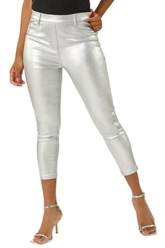 Image of Roman Originals Metallic Coated Crop Jeggings for Women UK - Ladies Everyday Holiday Spring Summer Comfy Soft Evening Vacation Work Party - Silver - Size 14