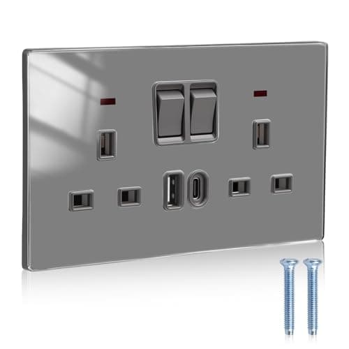 Image of Black Double Socket with Type C & usb A, Double Switched Plug Sockets 2 Gang 13A UK, Acrylic panel USB Wall Socket, USB Sockets double for Kitchen/Bedroom/Office/Home, 35mm Back Box