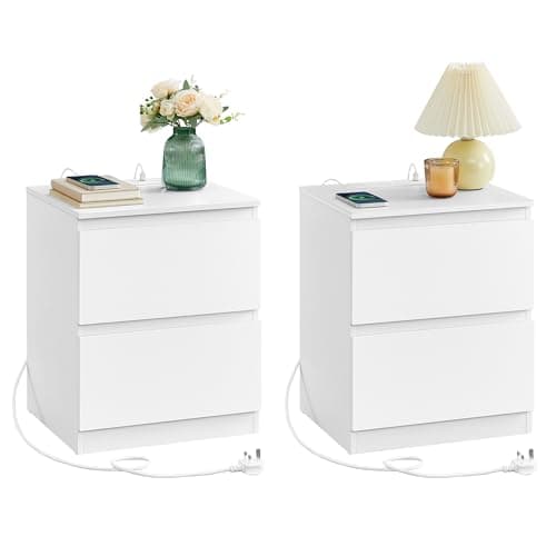 Image of VASAGLE KAILYN Collection - Nightstands with Charging Station, Set of 2 Bedside Tables with Drawers, Side End Tables, 2 AC Outlets, 2 USB Ports, for Living Room, Bedroom, Study, Cloud White LET821W01