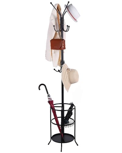 Image of Luyi-Life Metal Coat Rack Stand with Umbrella Holder 12 Hooks for Hallway,182cm Free Standing Coat Tree Hanger Stand for Clothes, Hats, Bags, Used in Entryway, Living Room,Bedroom, Office, Black