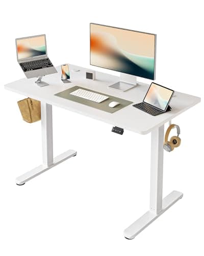 Image of FEZIBO Height Adjustable Electric Standing Desk, 100 * 60 cm Stand up Table, Sit Stand Home Office Desk with Splice Board, White Frame/White Top