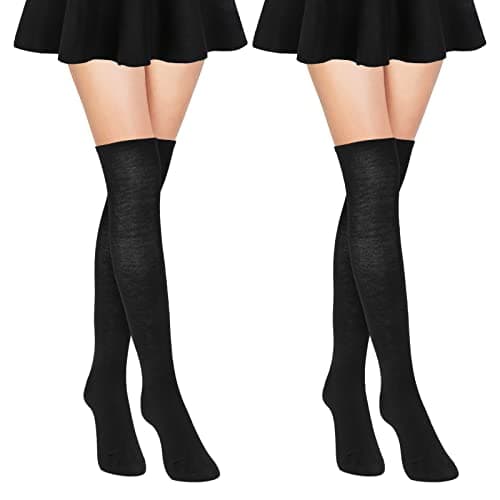 Image of WLLHYF 2 Pairs Thigh High Socks for Womens Girls, Cotton Over The Knee Socks Extra Long Socks for Women Thigh High Leg Warmer Stockings Boot Socks for Women Girls (Black)