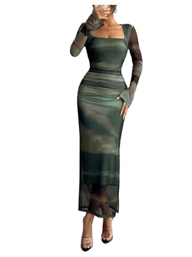 Image of GORGLITTER Women's Tie Dye Square Neck Mesh Bodycon Maxi Dresses Long Sleeve Ruched Slit Pencil Wedding Guest Dress Dark Green Small