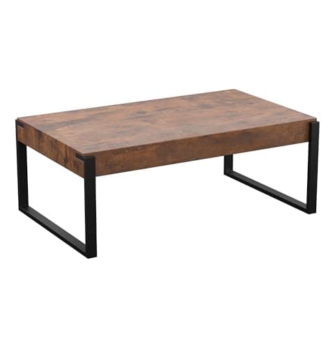 Image of AVF Rustic Dark Wood Coffee Table – Ridgewood 110cm Rustic Chunky Industrial End Table with Black Steel Frame, Micro-Adjustable Feet, Easy Assembly