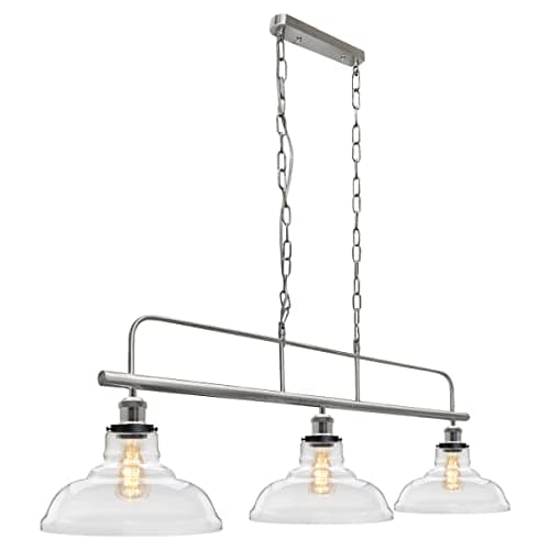 Image of Brush Chrome Bar Pendant Light 3 Lamp Clear Glass Shade Suspended Ceiling Light Industrial Vintage H3011