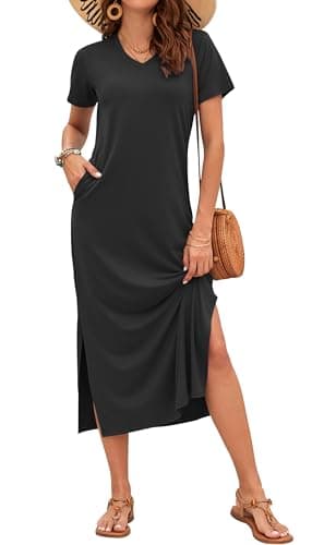 Image of AUSELILY Women's Summer Dress - Black Maxi Dress with Pockets, V-Neck, Short Sleeve, A-Line, Polyester, Spandex, S, UK 8-10