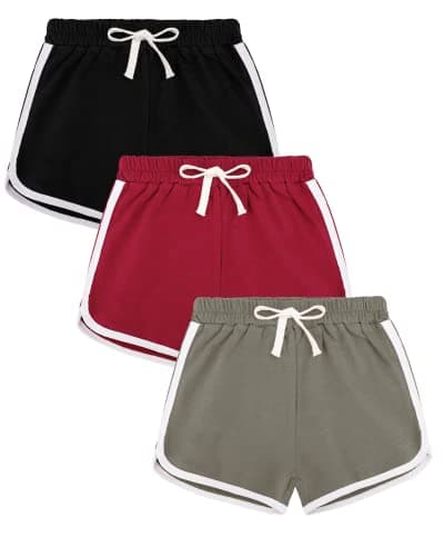 Image of Auranso Girls Athletic Shorts 6-14 Years Teen Kids Running PE Gym Sports Shorts Colourful Summer Casual Beach Short Pants 3 Pack Black Red Grey, 12-14 Years