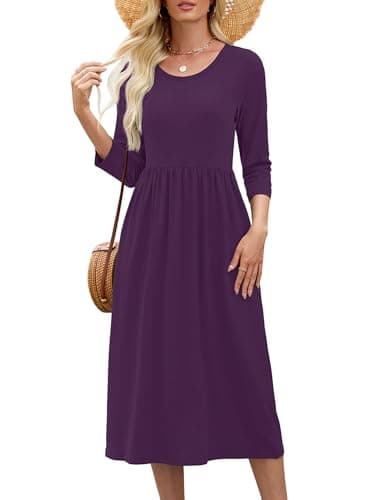 Image of Heymoments Women's 3/4 Sleeve Violet Purple Small Midi Dress Fall Fashion Casual Flowy Crewneck Swing Dresses with Pockets Ladies Comfy Beach Vacation Sundresses