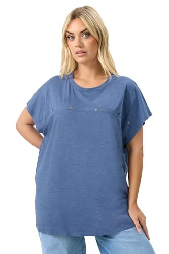 Image of Yours Curve Stud Grown-On Sleeve T-Shirt - Women's - Plus Size Curve Blue
