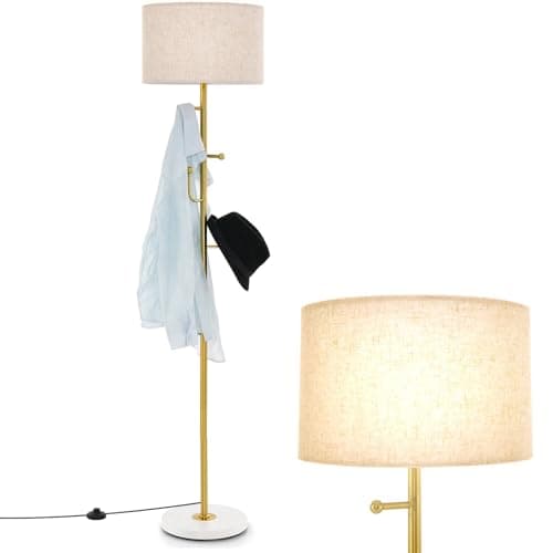 Image of COSTWAY Floor Lamp with Coat Rack, Multi-Purpose Standing Lamp with Linen Lampshade, 5 Hooks, Foot Switch & Weighted Base, Tall Tree Floor Lighting Reading Lamp for Living Room Bedroom, E27 Socket