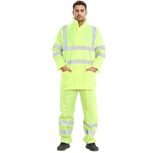 Image of NEO Hi Viz Rainsuit 2 Piece Set, High Visibility Waterproof Jacket With Trousers, Hi Vis Adults Unisex Work Safety Tracksuit Plus Size Uk S-5XL (Yellow, 5XL)