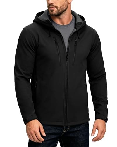 Image of 33,000ft Men's Waterproof Softshell Jackets Lightweight Fleece-Lined Running Jacket Breathable Windbreaker Casual Functional Coat with Hood for Cycling, Hiking,Golf Black M