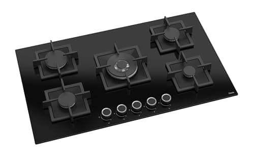 Image of Ferre SC045-90cm Built-in Gas Hob - 5 Burners - Cast Iron Pan Supports - Wok Burner - Black Glass