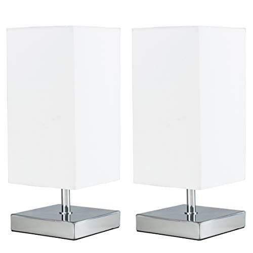 Image of MiniSun | Modern Square Polished Chrome Touch Table Lamps with a White Shade | Table Lamps, Home Décor & Improvement Essential | Set of 2 | Includes 5W LED Bulbs [3000K Warm White]