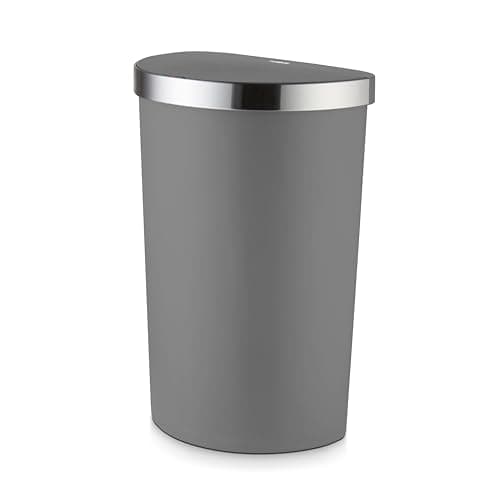 Image of Tower Curved Sensor Bin with Bin Liner Retainer Ring, Durable PP Body, Battery Operated, 50L, Grey with Stainless Steel Trim on Lid