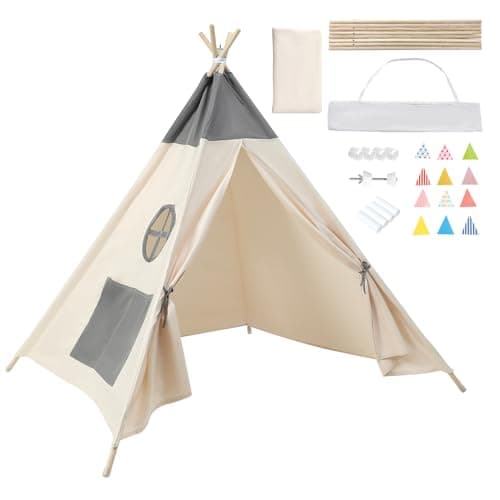Image of Lifemaison Kids Teepee 160cm - Portable Foldable Play Tent for Boys and Girls - Indoor and Outdoor Wigwam Tipi Play House - Canvas Pyramid Sleepover Playhouse Toy