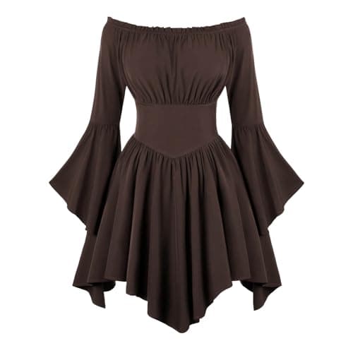 Image of Generisch 2027 New Arrivals Women's Casual Dress Off Shoulder Ruffle Hem Halloween Flowy Boho Floral Print Midi Dress, coffee, XL
