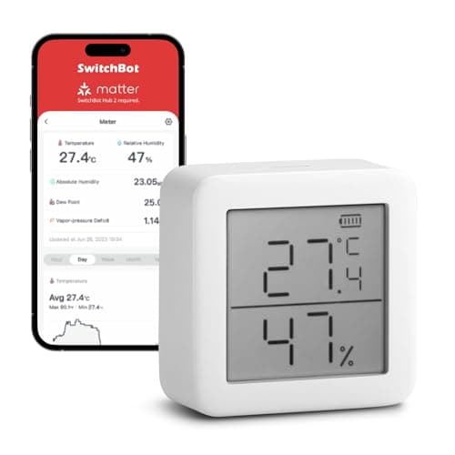 Image of SwitchBot Smart Room Thermometer Hygrometer Sensor Indoor, Bluetooth Digital Temperature Monitor with Free Data Storage, Dewpoint/VPD/Absolute Humidity Meter, LCD Screen Wireless Thermometer for Home