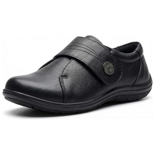 Image of Womens Wide Fit Leather Shoes Touch Fastening Orthopaedic Comfort Loafers Ladies Cushioned Walking Shoes Adjustable Strap Casual Work Diabetic Footwear Black 5