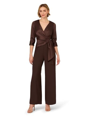Image of Adrianna Papell Womens Satin Crepe Jumpsuit, Dark Brown, 8