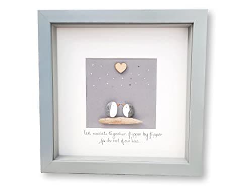 Image of Personalised Pebble Art Framed Picture Penguins Gift for Husband Wife Girlfriend Boyfriend Fiance 25 x 25 cm Available in White Black Oak Effect or Grey