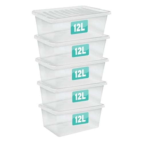 Image of Optimal Products 5 x 12 Litre Clear Plastic Storage Box With Lids UK BRITISH MADE Home Office Stackable Nestable Transparent Plastic Boxes, Size 5,11,24,28,35,45,62 Litre (5 Boxes, 12 Litre)