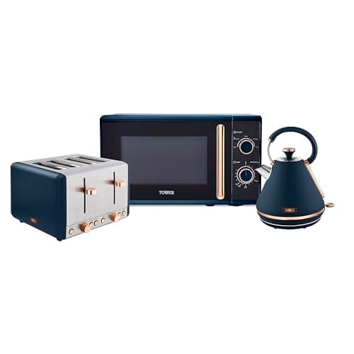 Image of Tower Cavaletto Kitchen Set, 1.7L Rapid Boil Kettle & 4 Slice Toaster & 20L Manual Microwave, Midnight Blue and Rose Gold, T10044MNB, T20051MNB, T24038MNB