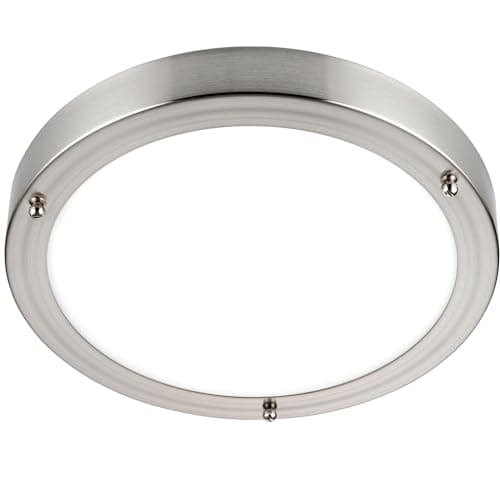 Image of National Lighting Portico IP44 Rated Flush Round Satin Nickel 300mm Disc LED Bathroom Ceiling Light Fitting with Frosted Glass Shade Zone 2