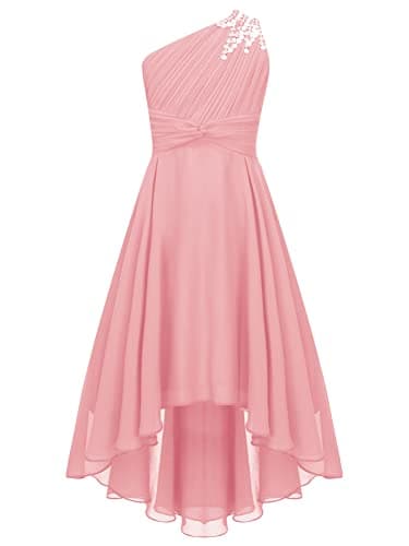 Image of CHICTRY Kids Girls Sequin One Shoulder Formal Party Dance Gown High-Low Chiffon Proms Dresses Pink 11-12 Years