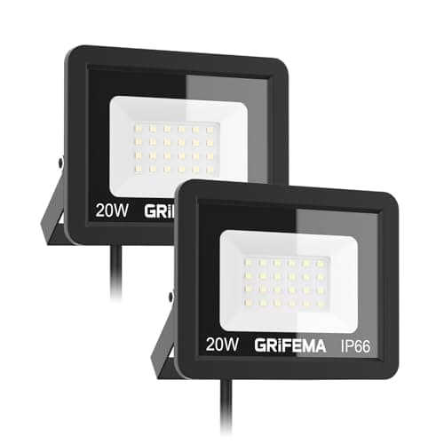 Image of GRIFEMA 20W LED Floodlight Outdoor, 2200LM, 6500K Cool White, IP66 Waterproof, Adjustable 180° Bracket, Security Lighting for Garden, Garage, Yard, Pack of 2, No Plug