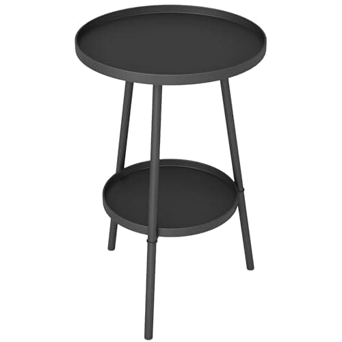 Image of Outsunny Round Garden Table, 2-Tier Small Side Table, Metal Patio Table Coffee Table Dining Table for Porch Terrace Balcony, Black