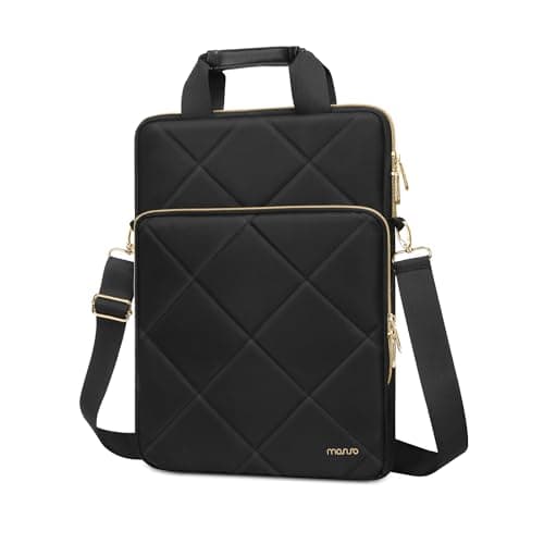 Image of MOSISO Vertical Laptop Bag 13.3 inch, 13-14 inch Computer Shoulder Bag Compatible with MacBook, HP, Dell, Lenovo, Asus Notebook, Rhombus Quilted Messenger Case Front Pocket&Handle&Belt, Black