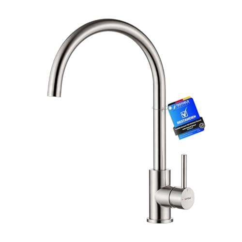 Image of GRIFEMA G4008 Kitchen Sink Taps Mixer with Single Lever High Arc 360°Swivel, Stainless Steel Kitchen Mixer Taps 1 hole with Chrome Finish, Classic Design[Energy Class A+]