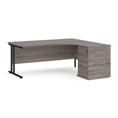 Image of DAMS Maestro 25 Desk Bundle - Right Hand Ergonomic Desk & 3 Drawer Pedestal With Black Cantilever Legs, Grey Oak, 180 X 120 Cm