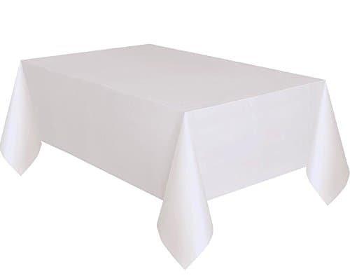 Image of Solid White Rectangular Plastic Table Cover (137cm x 274cm) 1 Count - Elegant & Durable Tablecloth for Parties, Events, and Home Use