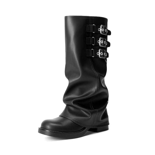 Image of DREAM PAIRS Fold-over Knee High Boots Comfort Low Heel Wide Calf Slouchy Boot Stylish Buckle Long Tall Boots for Women,Size 5,Black,SDKB26007W