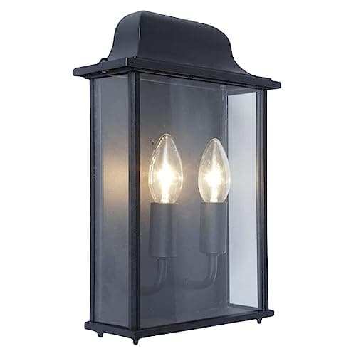 Image of Black & Clear Glass Panel Outdoor Vintage Flush 2 Lamp Coach Lantern Wall Light | IP44 Rated | 34cm Height | 2 x SES E14 Lamps Required | Garden - Patio - Driveway | UK Approved | Aluminium